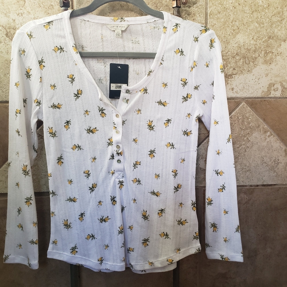 Lucky Brand white long sleeve henley with flower detail Size S